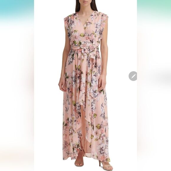 Eliza J Peach floral high low ruffle dress - Picture 1 of 5